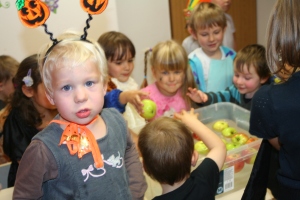 My preschool class learning about American Halloween and bobbing for apples, which I should have posted last November.